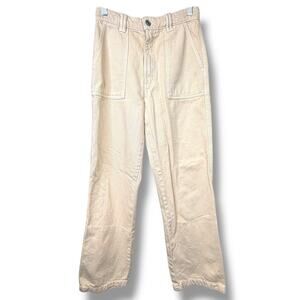 Zara Ultra High Rise Cream Relaxed Carpenter Straight Leg Utility Jeans Small